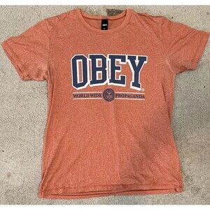 Obey Shirt Mens Medium Orange Graphic Crew Neck Short Sleeve Stretch Pullover